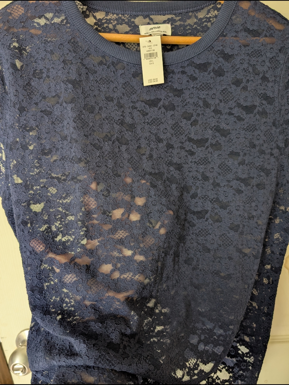 NWT aerie Navy Floral Lace Semi-sheer Short Sleeve Top Large - Picture 2 of 7